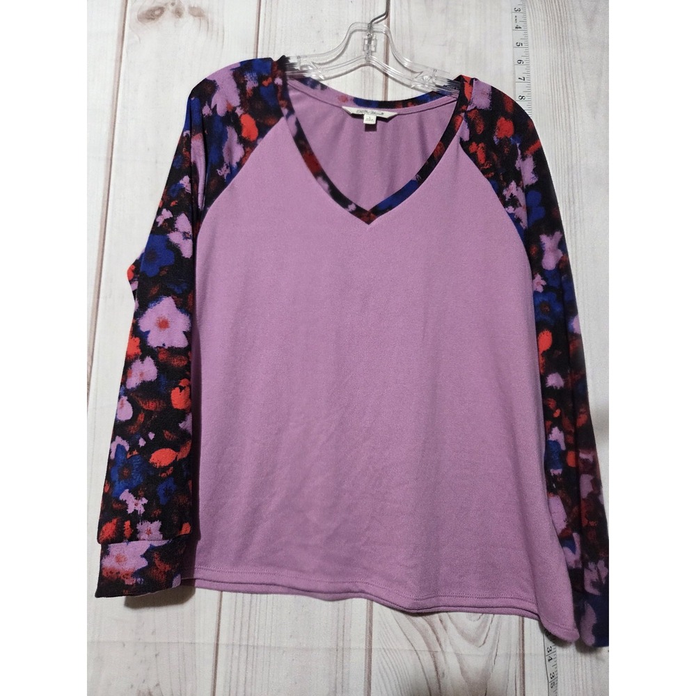 Pioneer Woman Sweater Womens Large Purple Floral Sleeve Pullover V Neck Soft Top